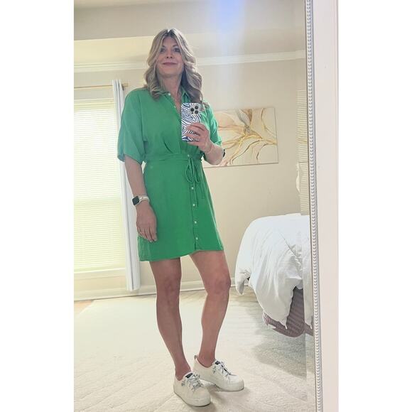 THAKOON Women's Green Collared Short Sleeve Tie Waist Mini Shirt Dress Size 8 - Picture 12 of 13